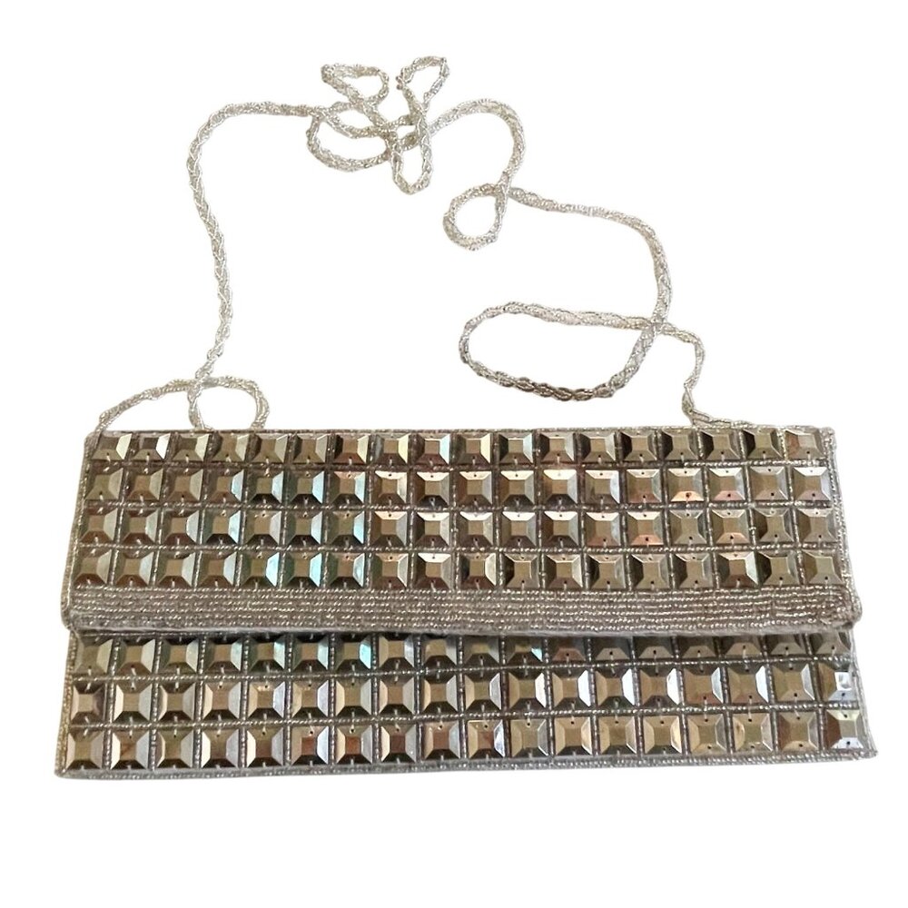 Expressions NYC Pyramid Beaded Clutch Crossbody Purse Bag Silver Tone
